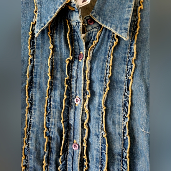 π¨π΅ french vintage jean shirt ruffles long sleeves size small π¨π΅ - Picture 2 of 7